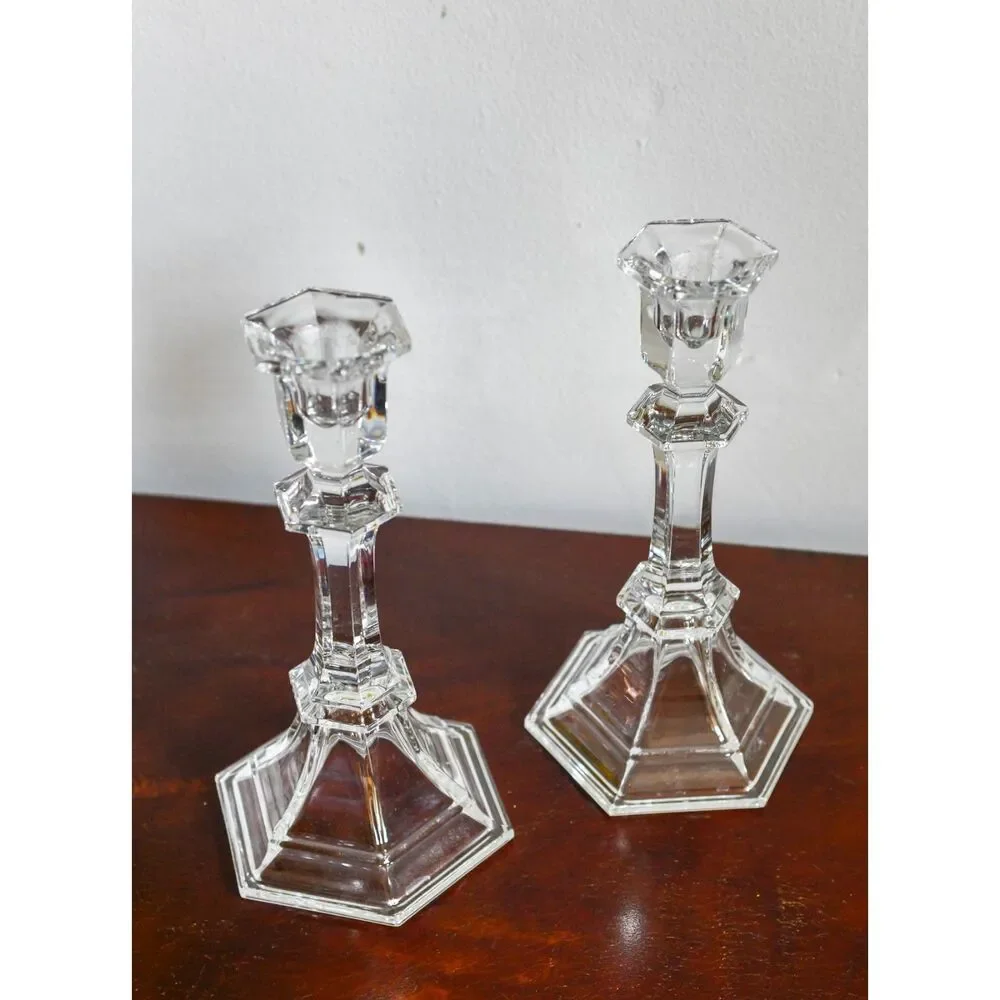 Vintage Crystal Glass Candlestick Pair 8 Inch | Hexagonal Base Faceted Stem